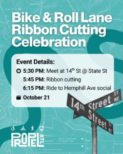 Propel ATL poster for the Bike & Roll Lane Ribbon Cutting Celebration on October 21: meet at 14th St and State St at 5:30 PM, ribbon cutting at 5:45 PM, then a ride to a social on Hemphill Ave at 6:15 PM. The background is a teal street map with a photo of the 14th Street and State Street signs.